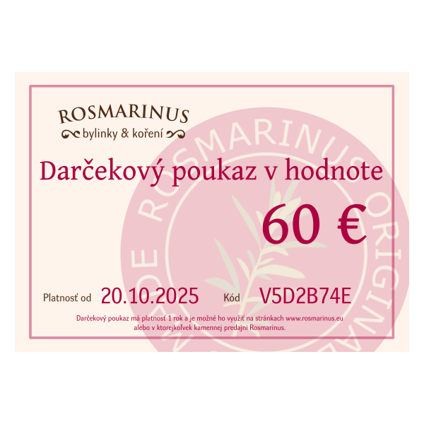 Bon podarunkowy 60 EUR (pocztą) [product.brand] 1 - Rosmarinus (koreni-krumlov.cz / platce DPH) 